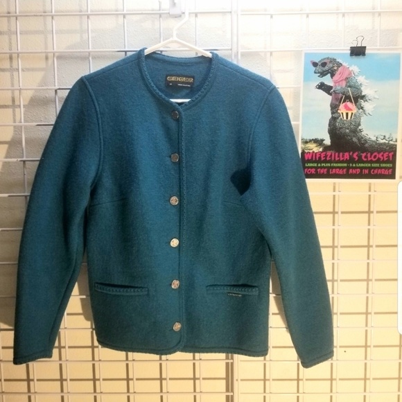 Geiger Teal Blue Button Up Wool Cardigan Sz 38/8